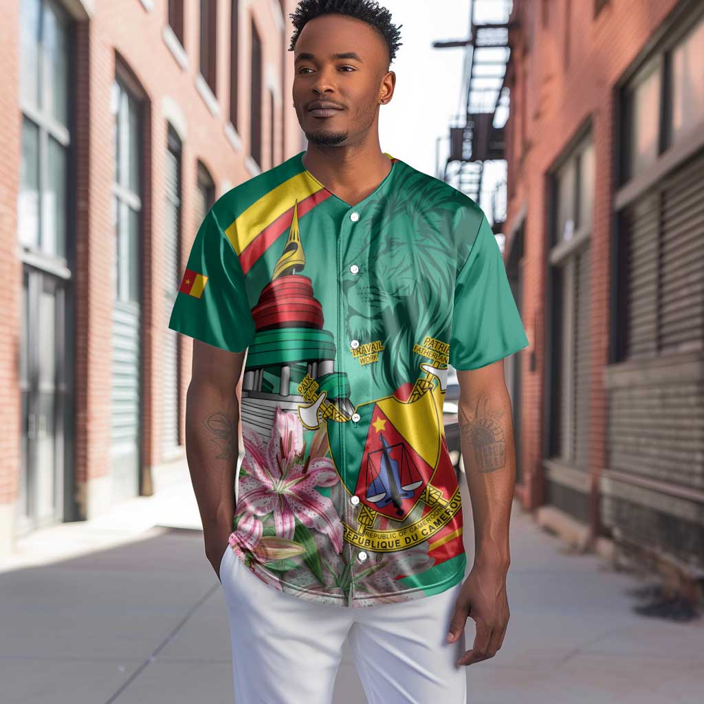 Monument de la Reunification Cameroun Baseball Jersey Coat Of Arms With Lily Flowers
