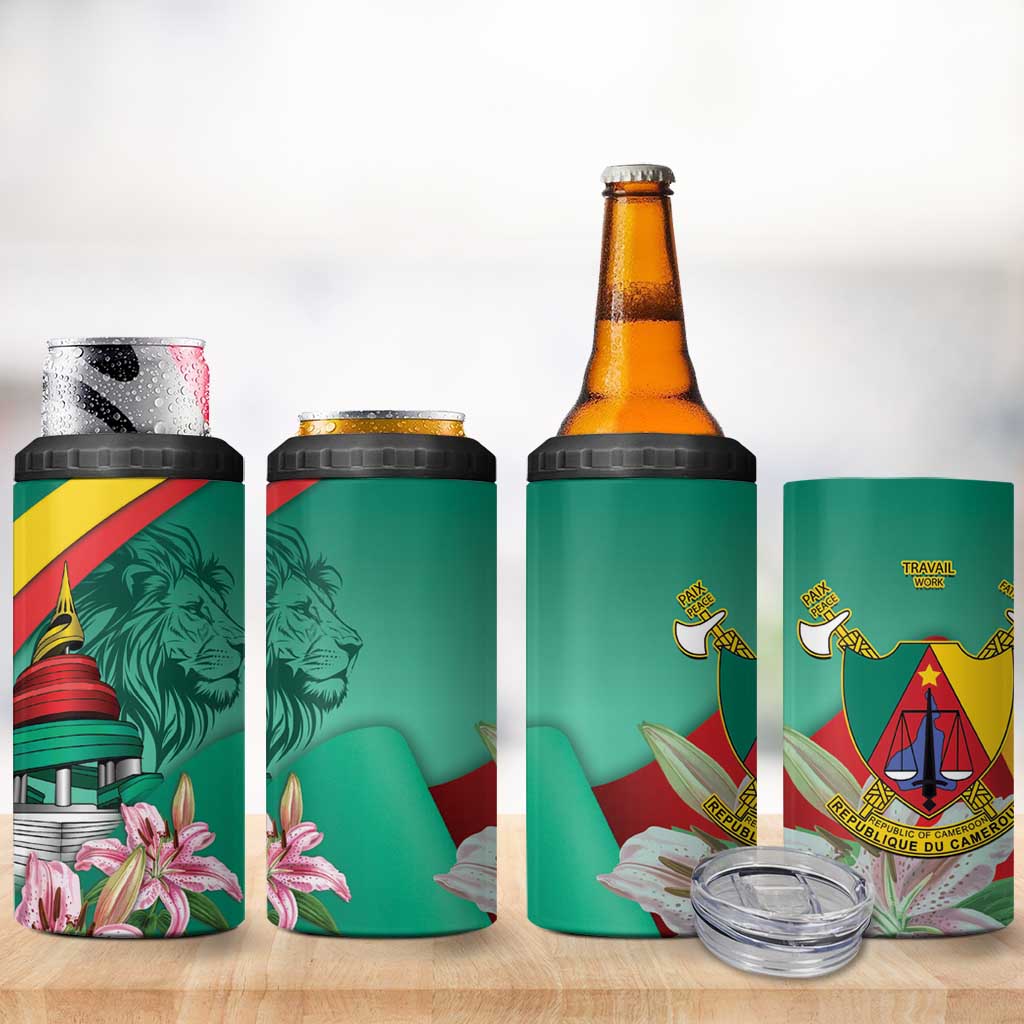 Monument de la Reunification Cameroun 4 in 1 Can Cooler Tumbler Coat Of Arms With Lily Flowers