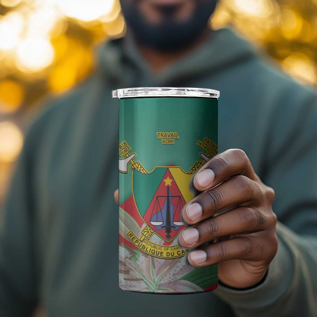 Monument de la Reunification Cameroun 4 in 1 Can Cooler Tumbler Coat Of Arms With Lily Flowers