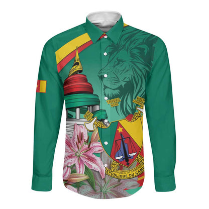 Monument de la Reunification Cameroun Long Sleeve Button Shirt Coat Of Arms With Lily Flowers