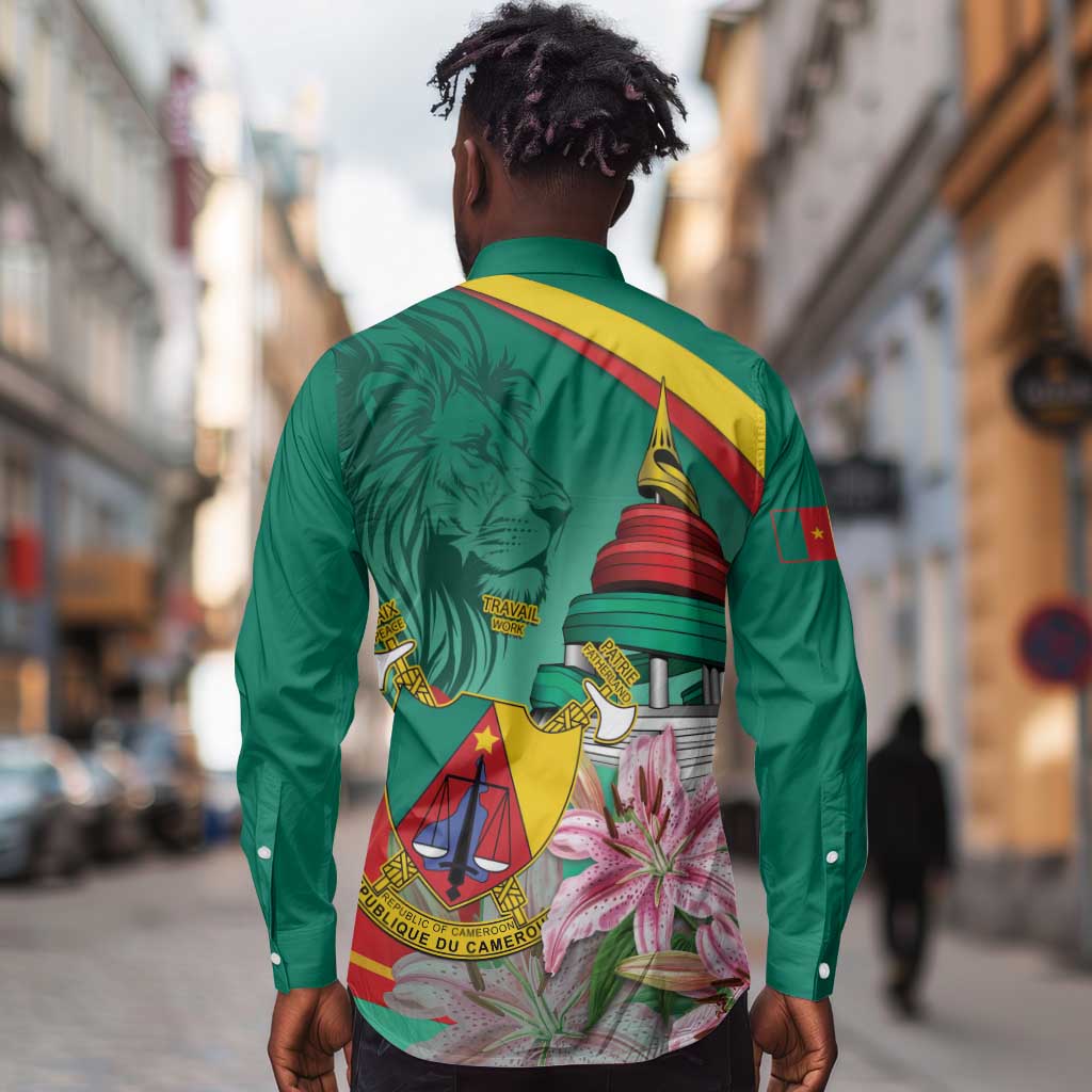 Monument de la Reunification Cameroun Long Sleeve Button Shirt Coat Of Arms With Lily Flowers