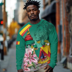 Monument de la Reunification Cameroun Long Sleeve Shirt Coat Of Arms With Lily Flowers