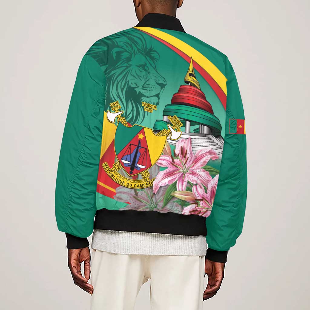 Monument de la Reunification Cameroun Sleeve Zip Bomber Jacket Coat Of Arms With Lily Flowers