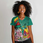 Monument de la Reunification Cameroun Women V-Neck T-Shirt Coat Of Arms With Lily Flowers