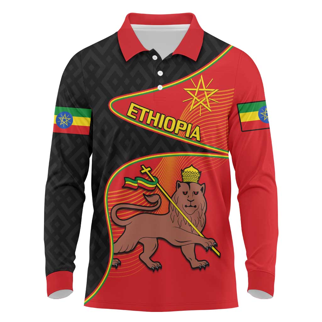 Ethiopia Derg Downfall Day Long Sleeve Polo Shirt Ethiopian Lion of Judah