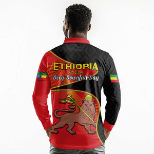 Ethiopia Derg Downfall Day Long Sleeve Polo Shirt Ethiopian Lion of Judah