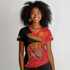 Ethiopia Derg Downfall Day Women V-Neck T-Shirt Ethiopian Lion of Judah