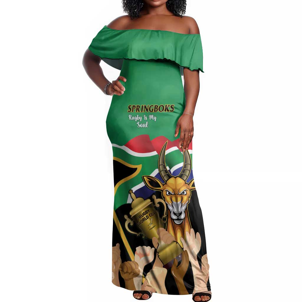 Personalised South Africa Special Holiday Off Shoulder Maxi Dress Springboks Champions Celebration Rugby Is My Soul