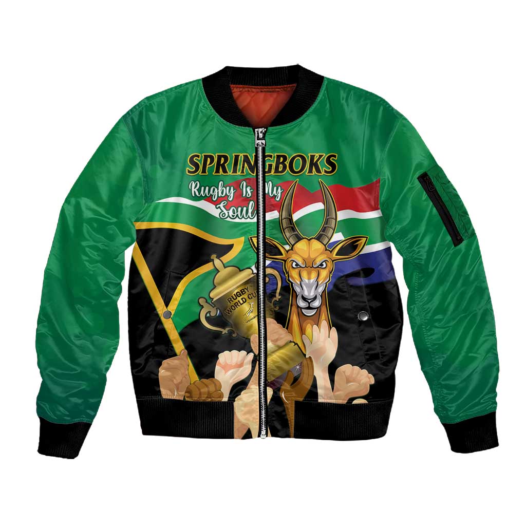 Personalised South Africa Special Holiday Sleeve Zip Bomber Jacket Springboks Champions Celebration Rugby Is My Soul