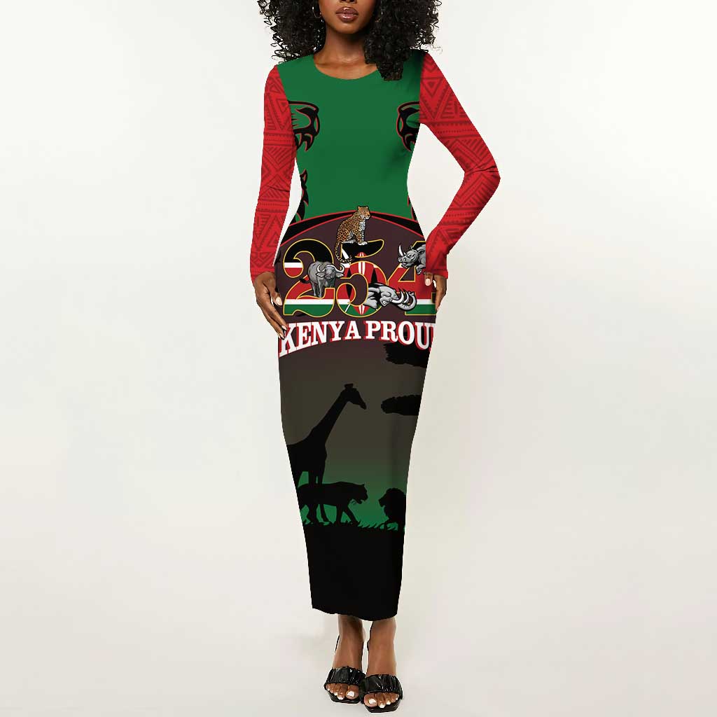 Proud Kenya 254 Long Sleeve Bodycon Dress Safari Animals - African Pattern