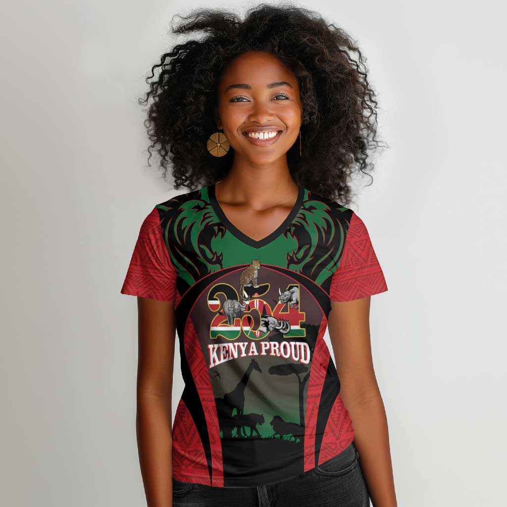 Proud Kenya 254 Women V-Neck T-Shirt Safari Animals - African Pattern