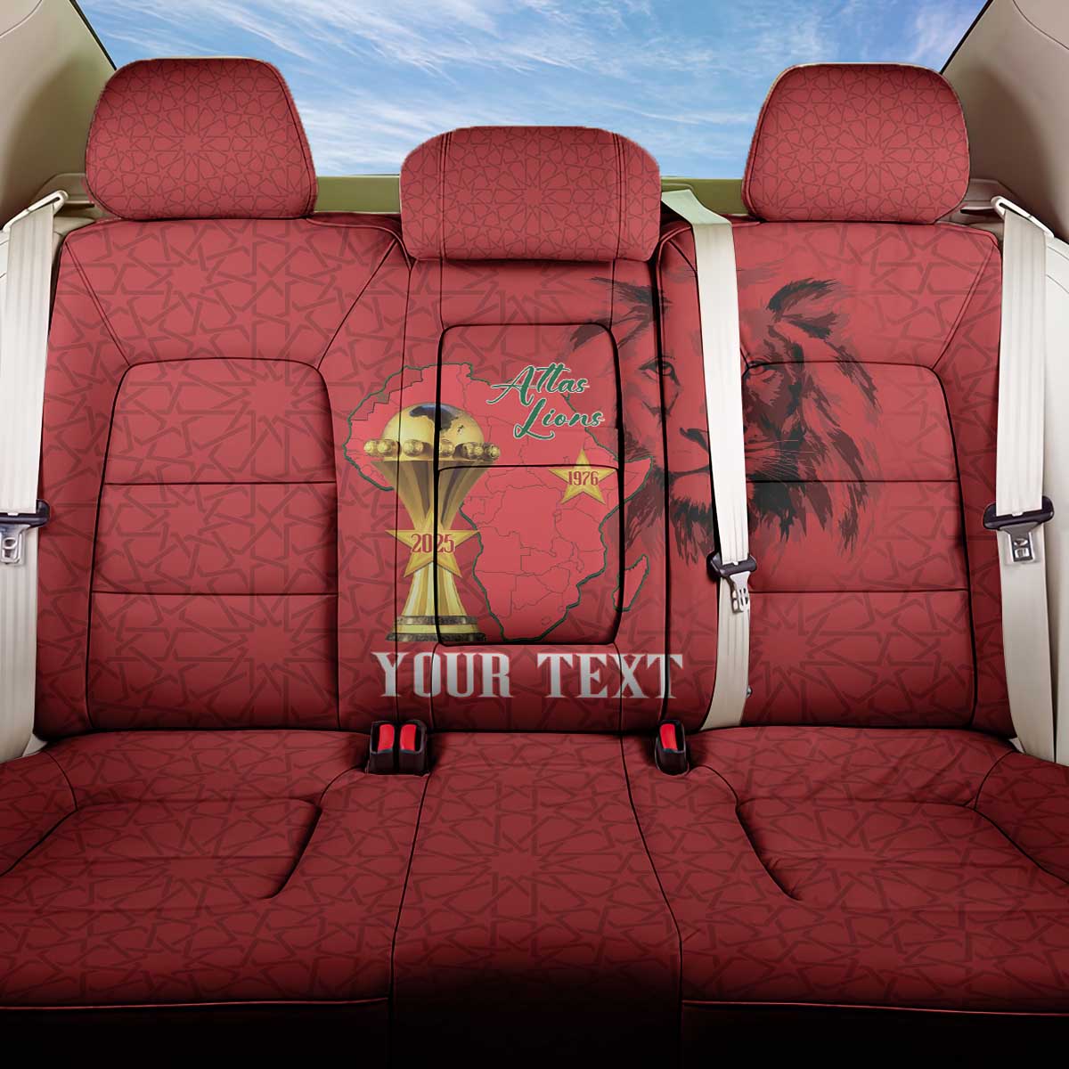 Morocco Football Custom Back Car Seat Cover Atlas Lions Champions African Red Islamic Pattern
