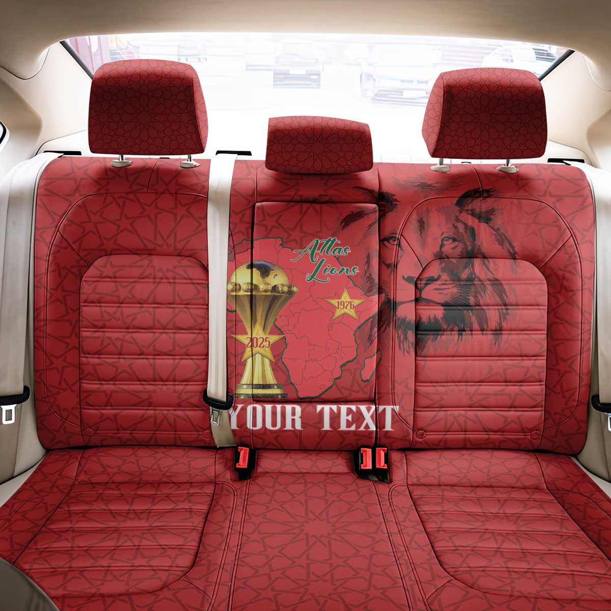 Morocco Football Custom Back Car Seat Cover Atlas Lions Champions African Red Islamic Pattern