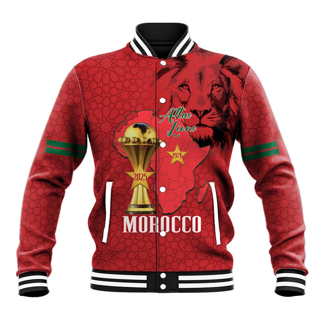 Morocco Football Custom Baseball Jacket Atlas Lions Champions African Red Islamic Pattern