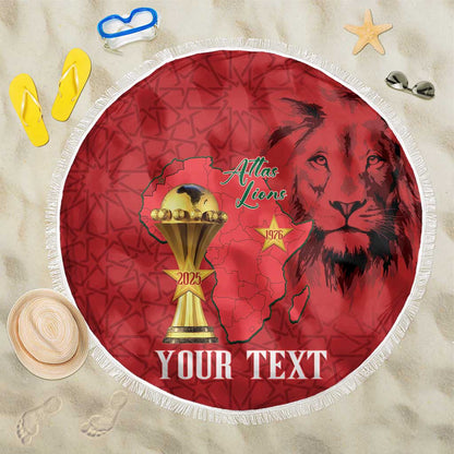 Morocco Football Custom Beach Blanket Atlas Lions Champions African Red Islamic Pattern