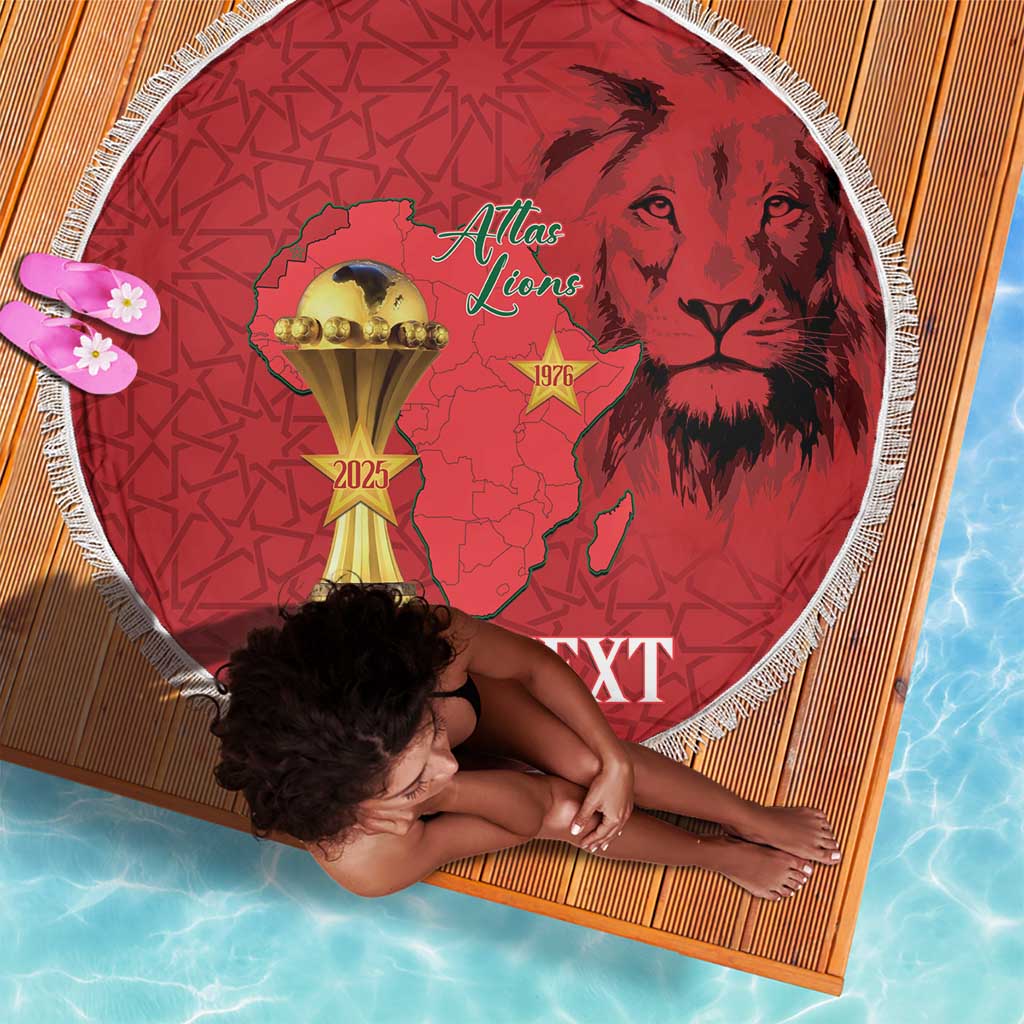 Morocco Football Custom Beach Blanket Atlas Lions Champions African Red Islamic Pattern