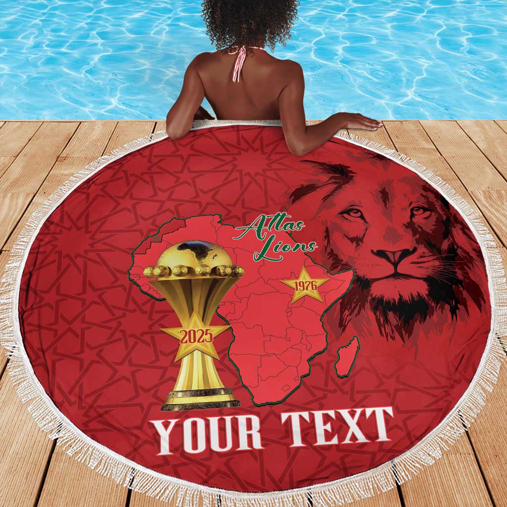 Morocco Football Custom Beach Blanket Atlas Lions Champions African Red Islamic Pattern