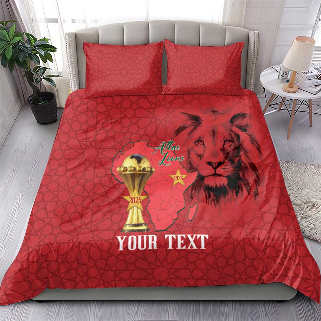 Morocco Football Custom Bedding Set Atlas Lions Champions African Red Islamic Pattern