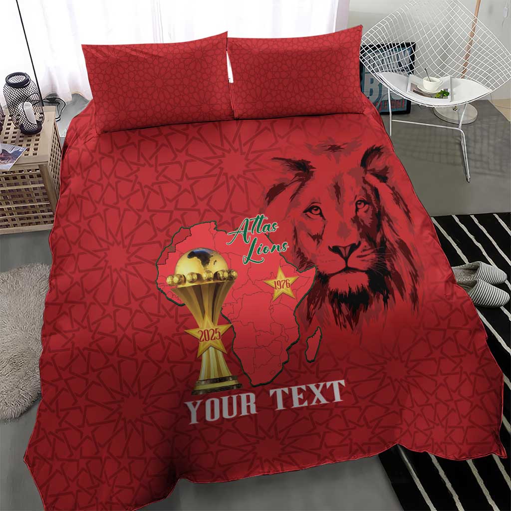 Morocco Football Custom Bedding Set Atlas Lions Champions African Red Islamic Pattern