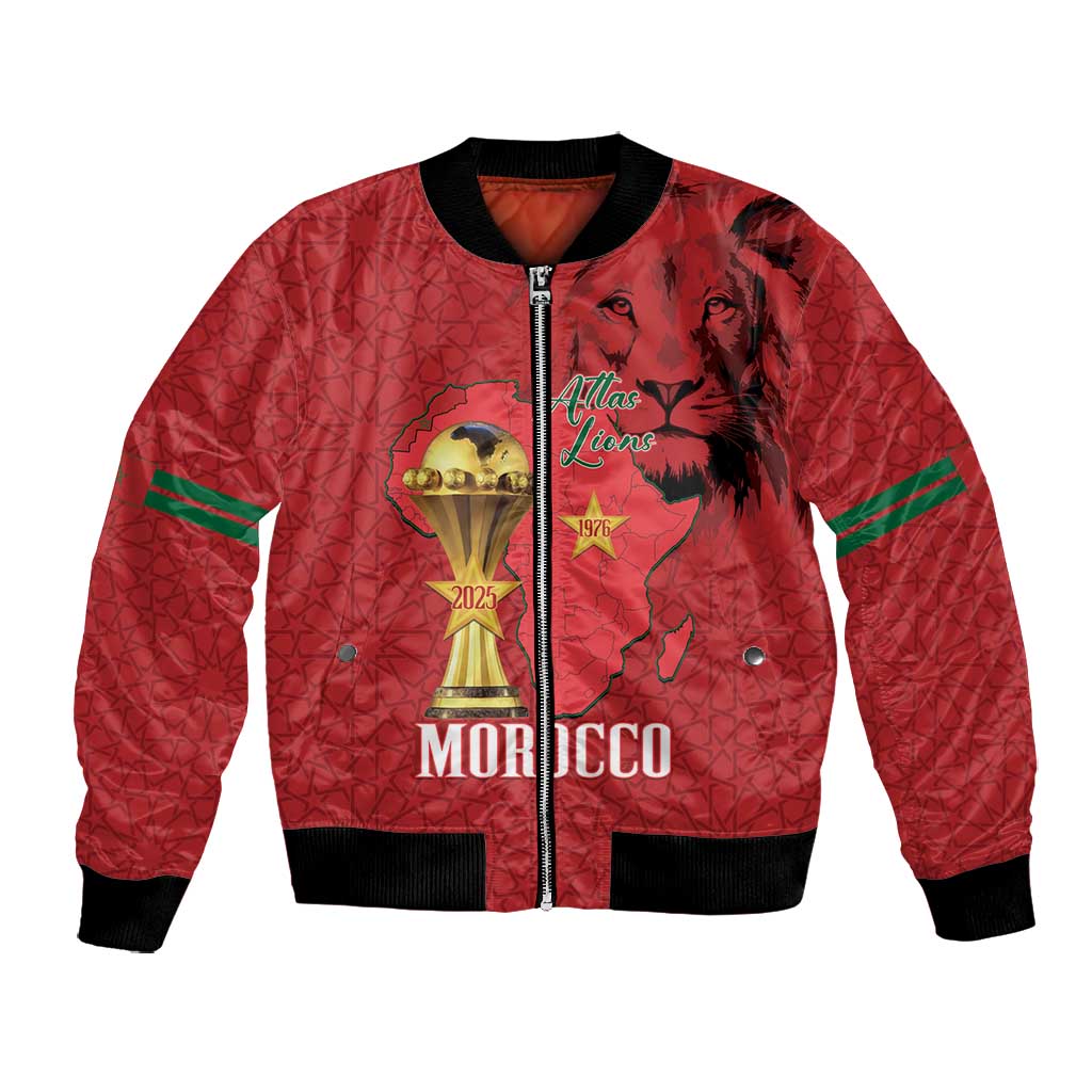 Morocco Football Custom Bomber Jacket Atlas Lions Champions African Red Islamic Pattern