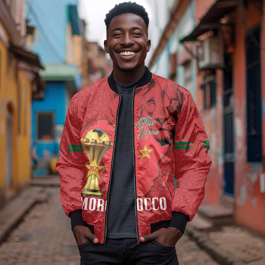 Morocco Football Custom Bomber Jacket Atlas Lions Champions African Red Islamic Pattern