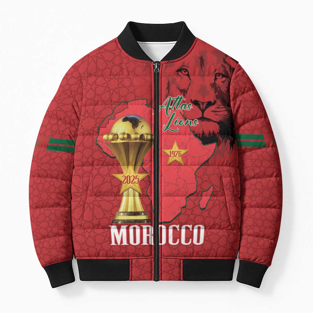 Morocco Football Custom Bomber Puffer Jacket Atlas Lions Champions African Red Islamic Pattern