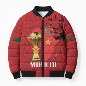 Morocco Football Custom Bomber Puffer Jacket Atlas Lions Champions African Red Islamic Pattern