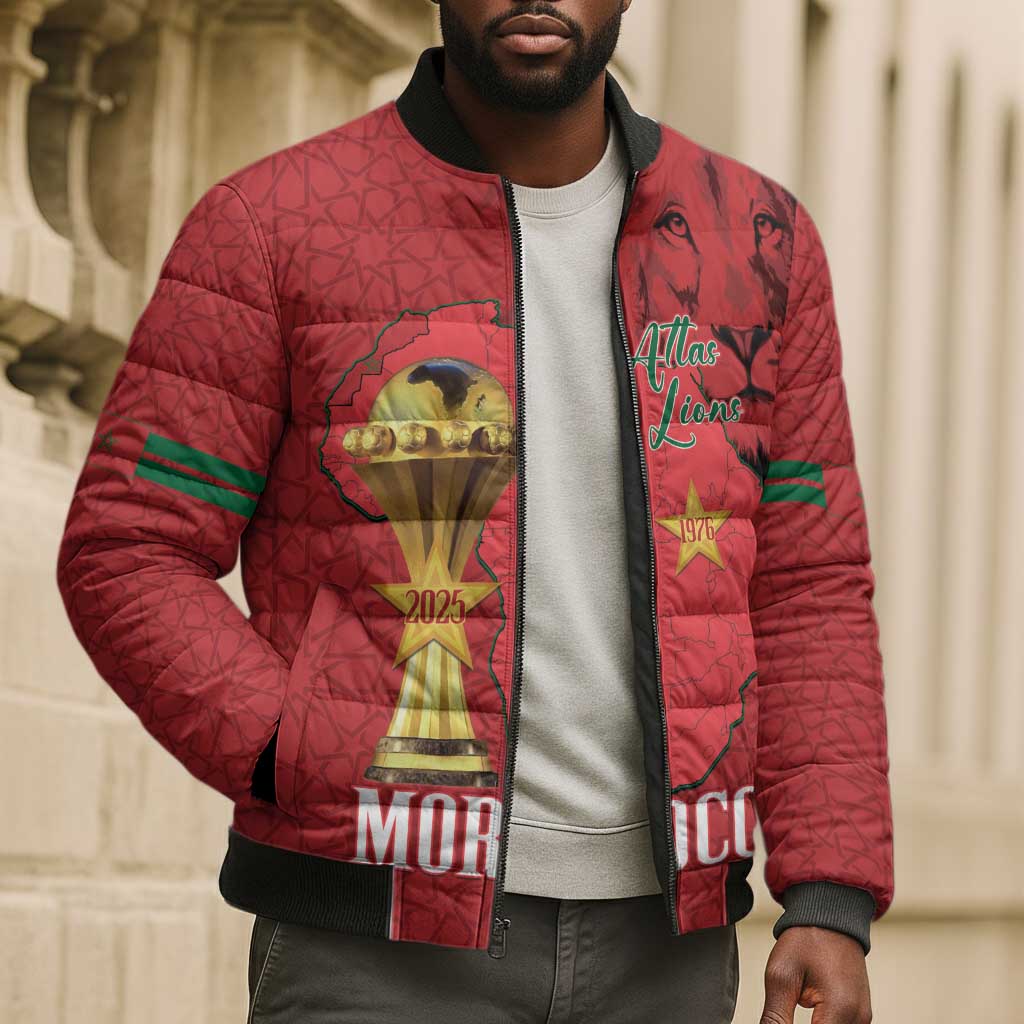 Morocco Football Custom Bomber Puffer Jacket Atlas Lions Champions African Red Islamic Pattern