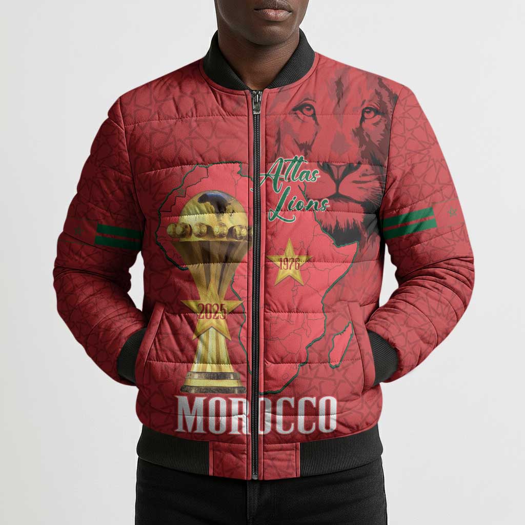 Morocco Football Custom Bomber Puffer Jacket Atlas Lions Champions African Red Islamic Pattern