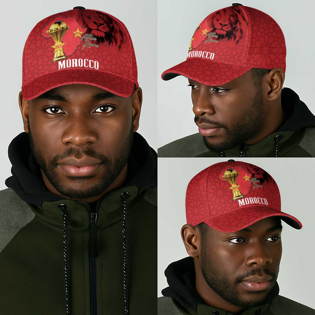 Morocco Football Classic Cap Atlas Lions Champions African Red Islamic Pattern