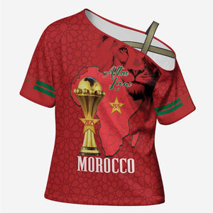 Morocco Football Custom Cross Shoulder Shirt Atlas Lions Champions African Red Islamic Pattern