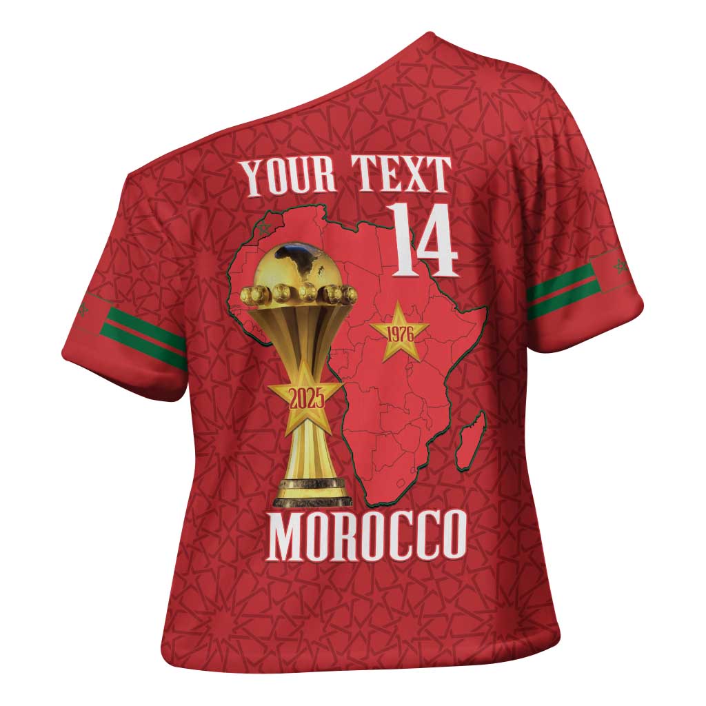 Morocco Football Custom Cross Shoulder Shirt Atlas Lions Champions African Red Islamic Pattern