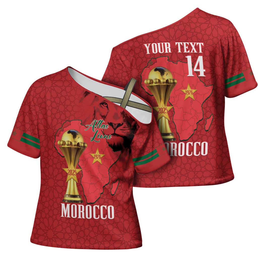 Morocco Football Custom Cross Shoulder Shirt Atlas Lions Champions African Red Islamic Pattern