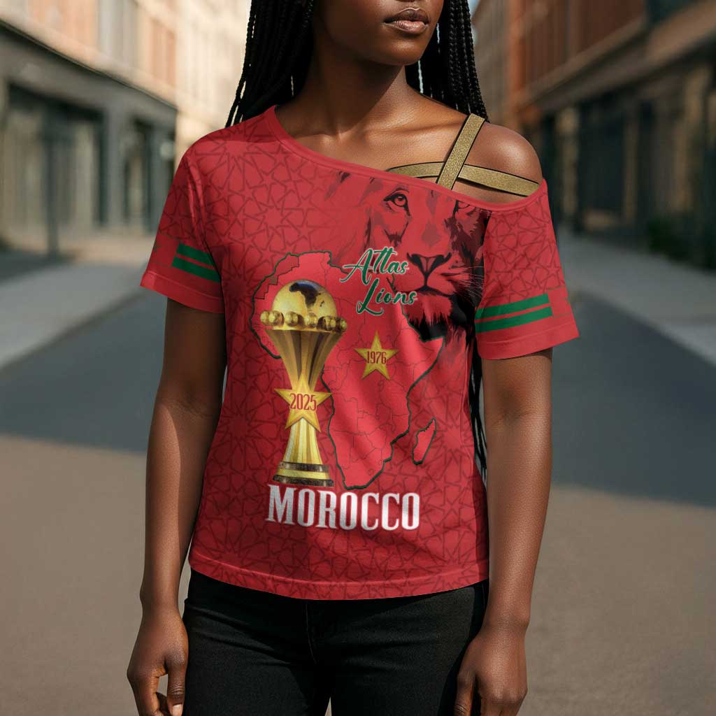 Morocco Football Custom Cross Shoulder Shirt Atlas Lions Champions African Red Islamic Pattern