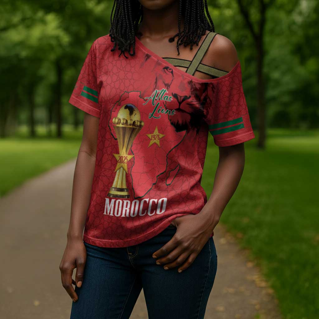 Morocco Football Custom Cross Shoulder Shirt Atlas Lions Champions African Red Islamic Pattern