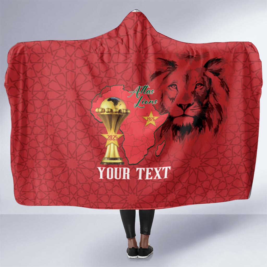 Morocco Football Custom Hooded Blanket Atlas Lions Champions African Red Islamic Pattern