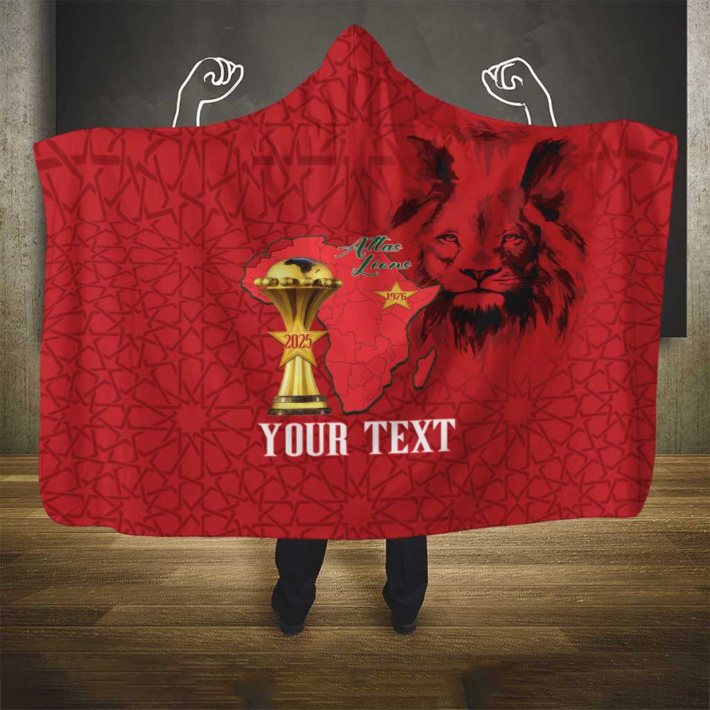 Morocco Football Custom Hooded Blanket Atlas Lions Champions African Red Islamic Pattern