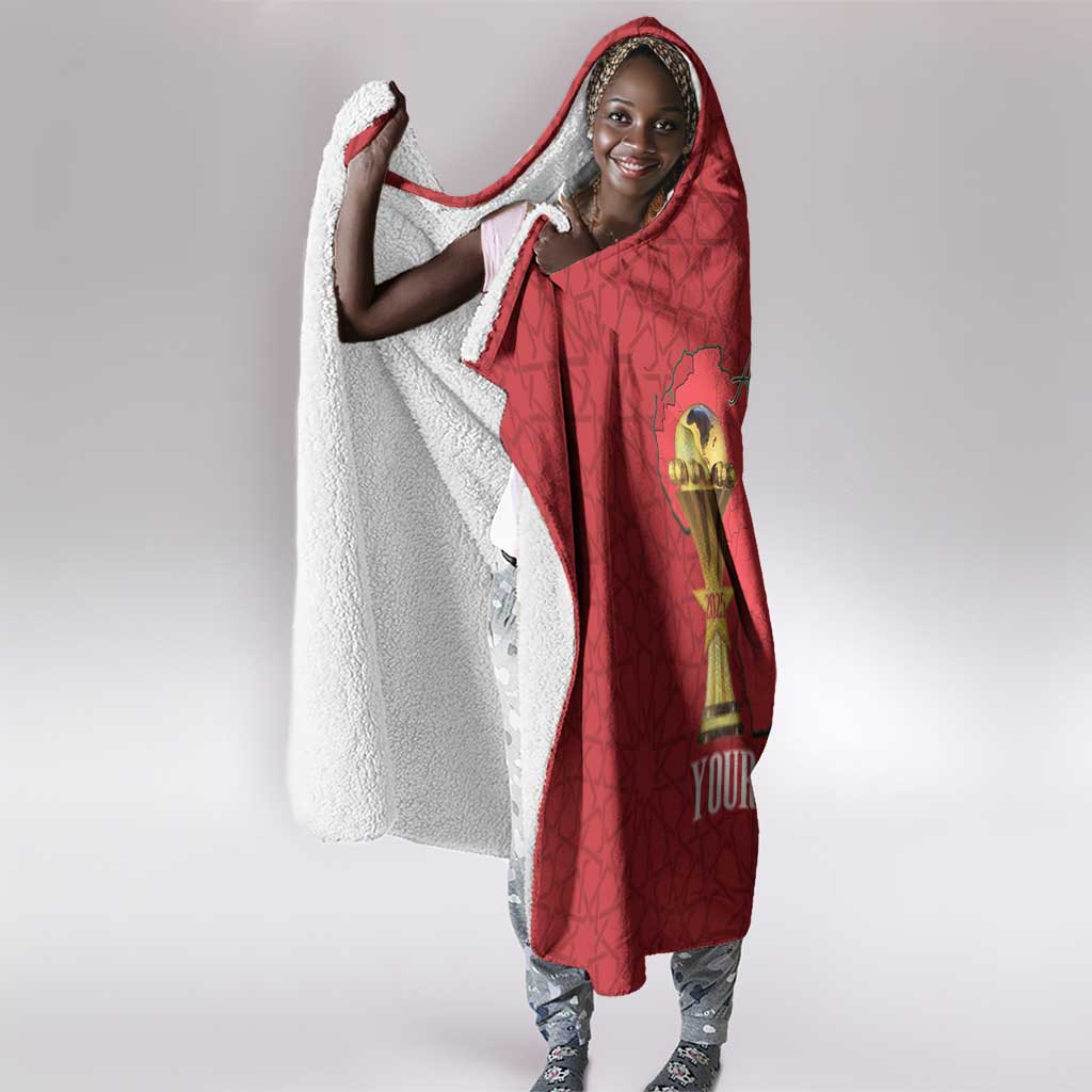 Morocco Football Custom Hooded Blanket Atlas Lions Champions African Red Islamic Pattern