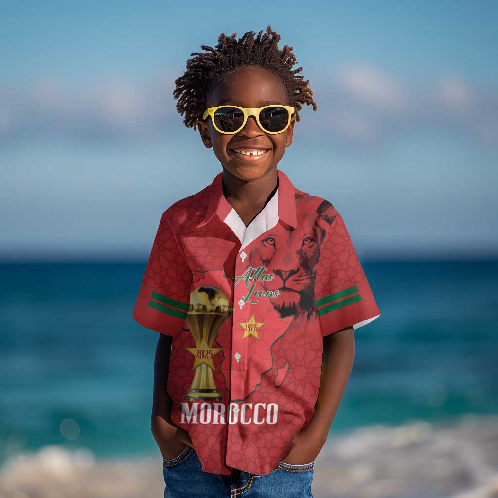 Morocco Football Custom Kid Hawaiian Shirt Atlas Lions Champions African Red Islamic Pattern