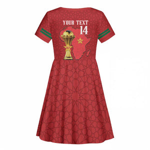 Morocco Football Custom Kid Short Sleeve Dress Atlas Lions Champions African Red Islamic Pattern