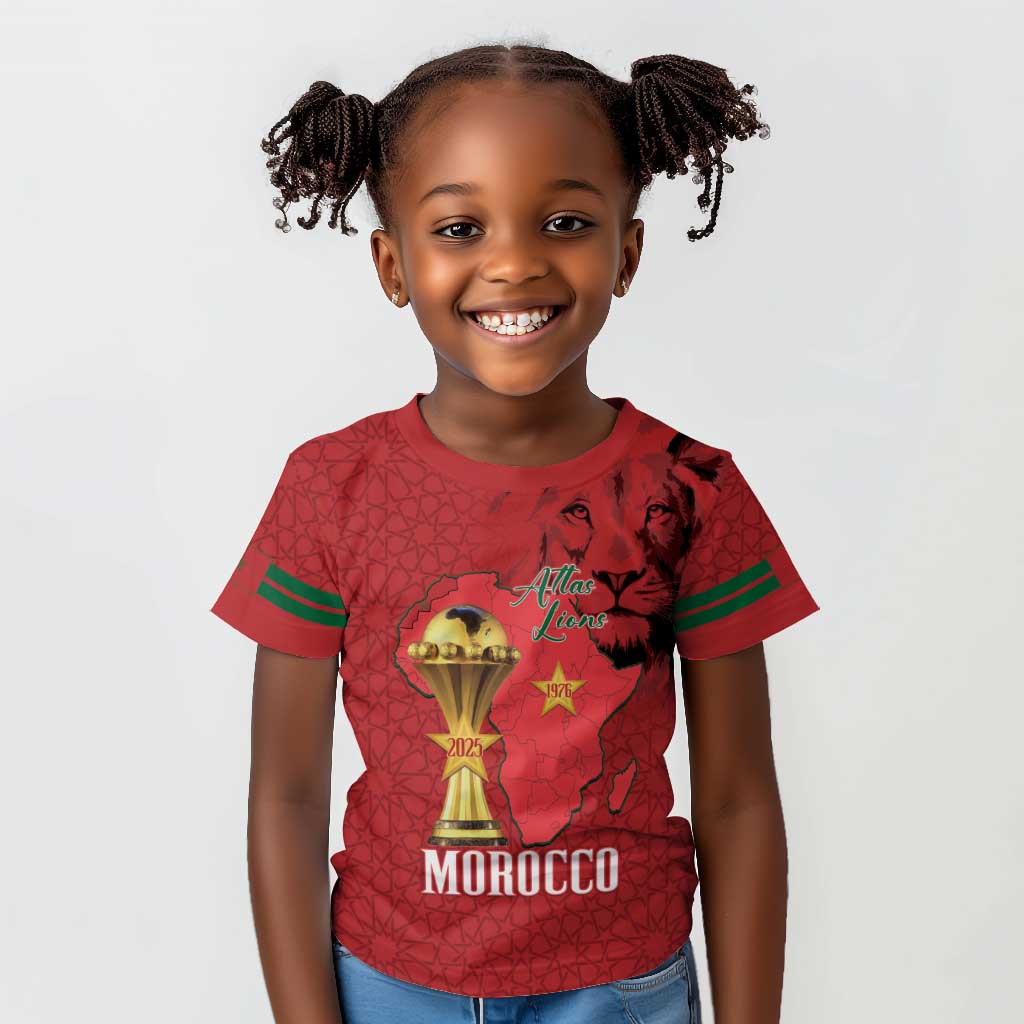 Morocco Football Custom Kid T shirt Atlas Lions Champions African Red Islamic Pattern