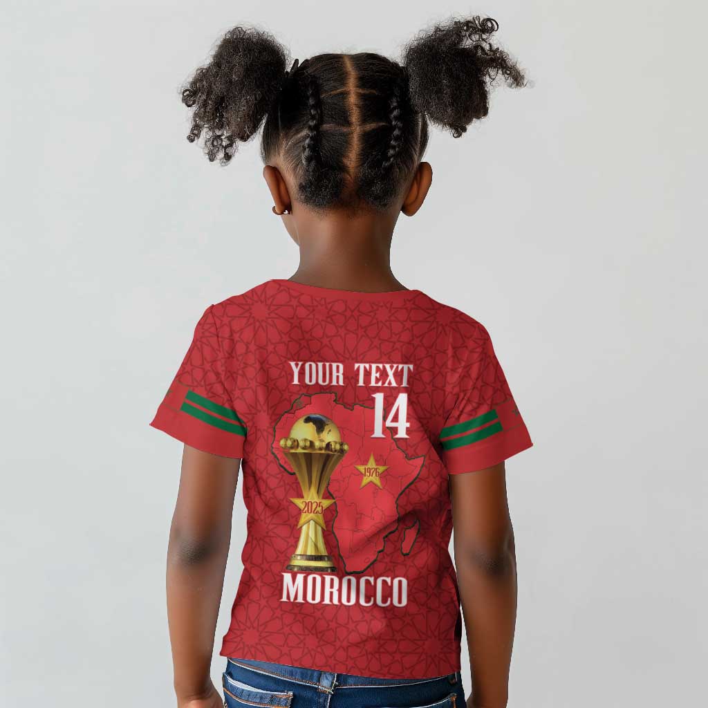 Morocco Football Custom Kid T shirt Atlas Lions Champions African Red Islamic Pattern