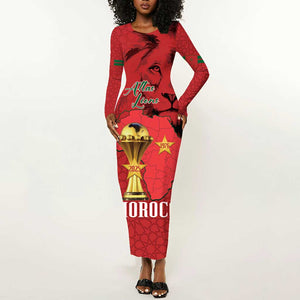 Morocco Football Custom Long Sleeve Bodycon Dress Atlas Lions Champions African Red Islamic Pattern