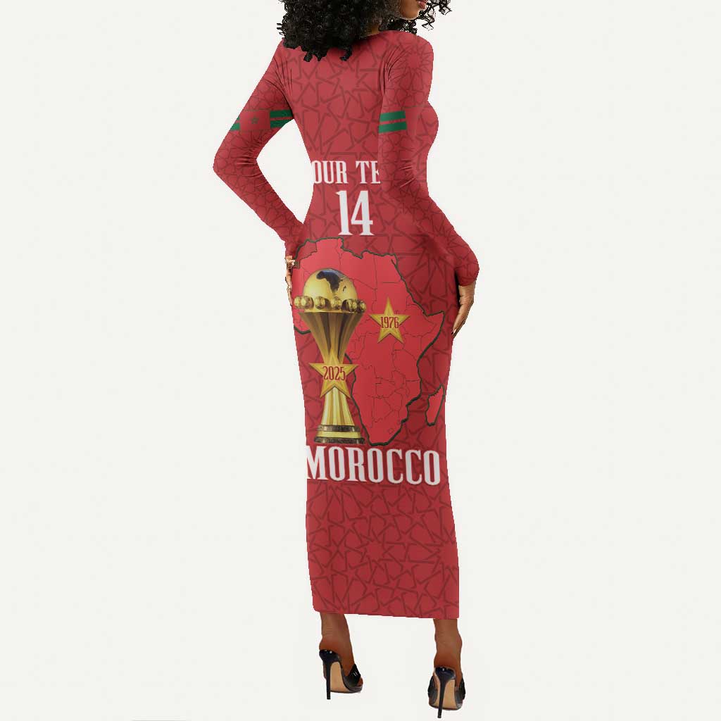 Morocco Football Custom Long Sleeve Bodycon Dress Atlas Lions Champions African Red Islamic Pattern