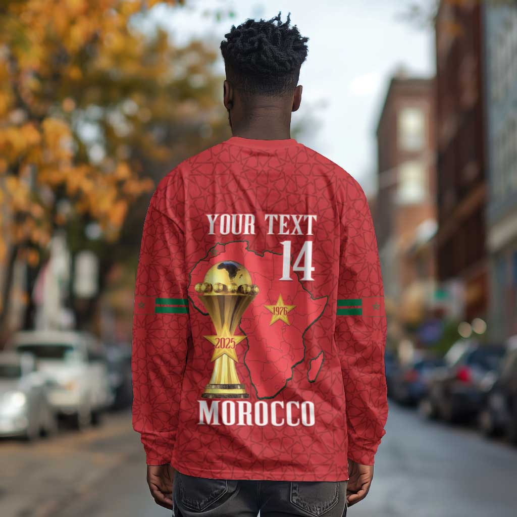 Morocco Football Custom Long Sleeve Shirt Atlas Lions Champions African Red Islamic Pattern