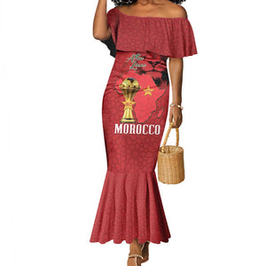 Morocco Football Custom Mermaid Dress Atlas Lions Champions African Red Islamic Pattern