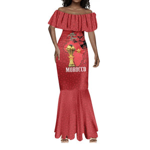 Morocco Football Custom Mermaid Dress Atlas Lions Champions African Red Islamic Pattern