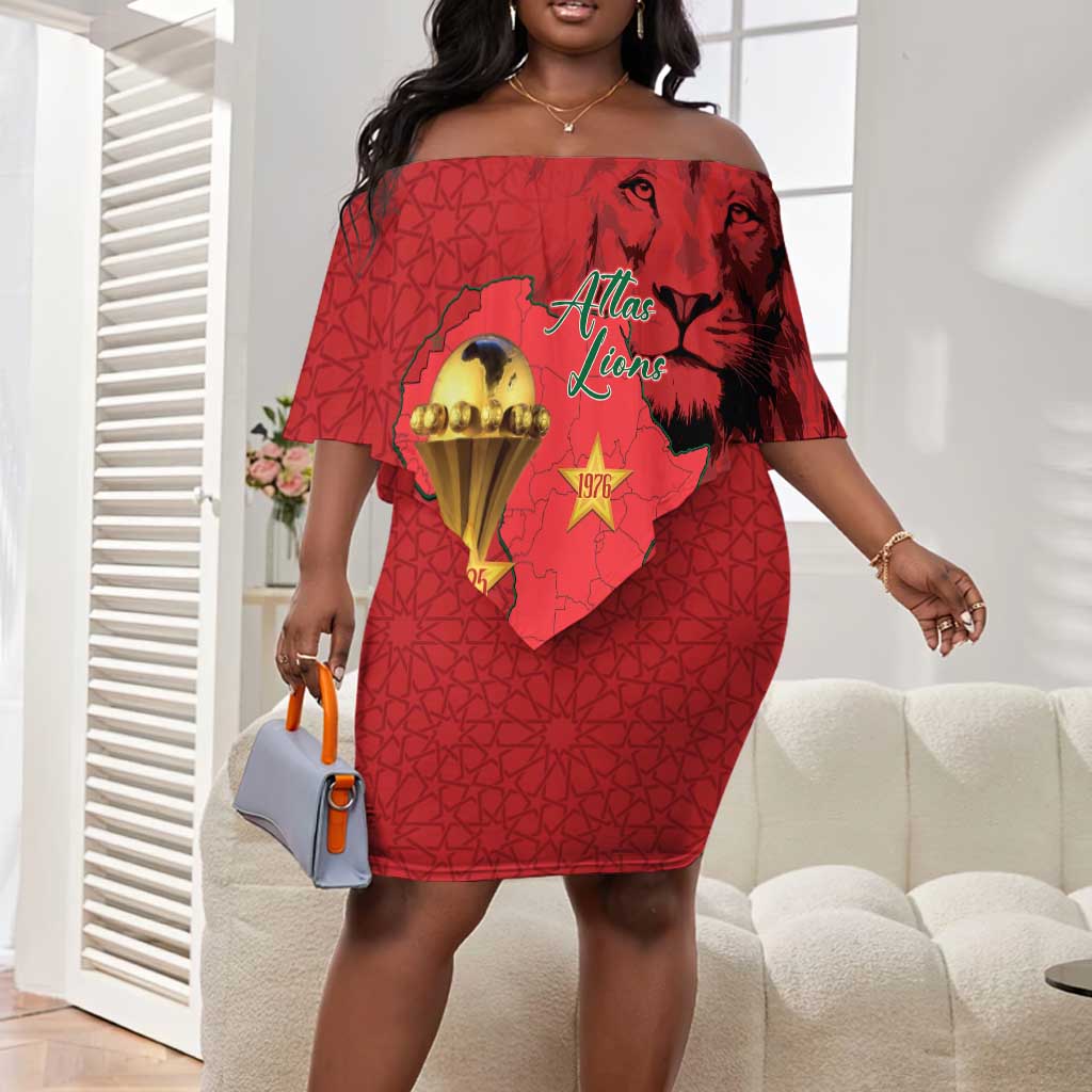 Morocco Football Custom Off Shoulder Short Dress Atlas Lions Champions African Red Islamic Pattern