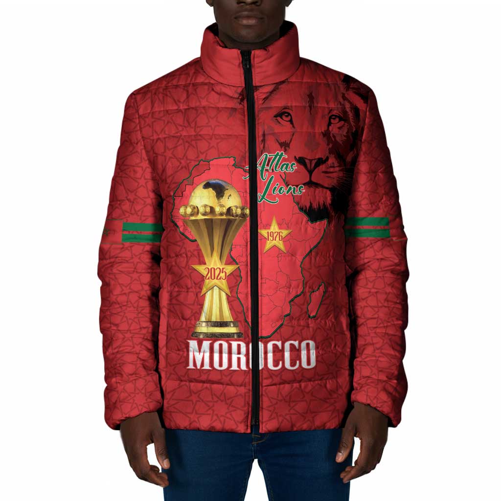Morocco Football Custom Padded Jacket Atlas Lions Champions African Red Islamic Pattern