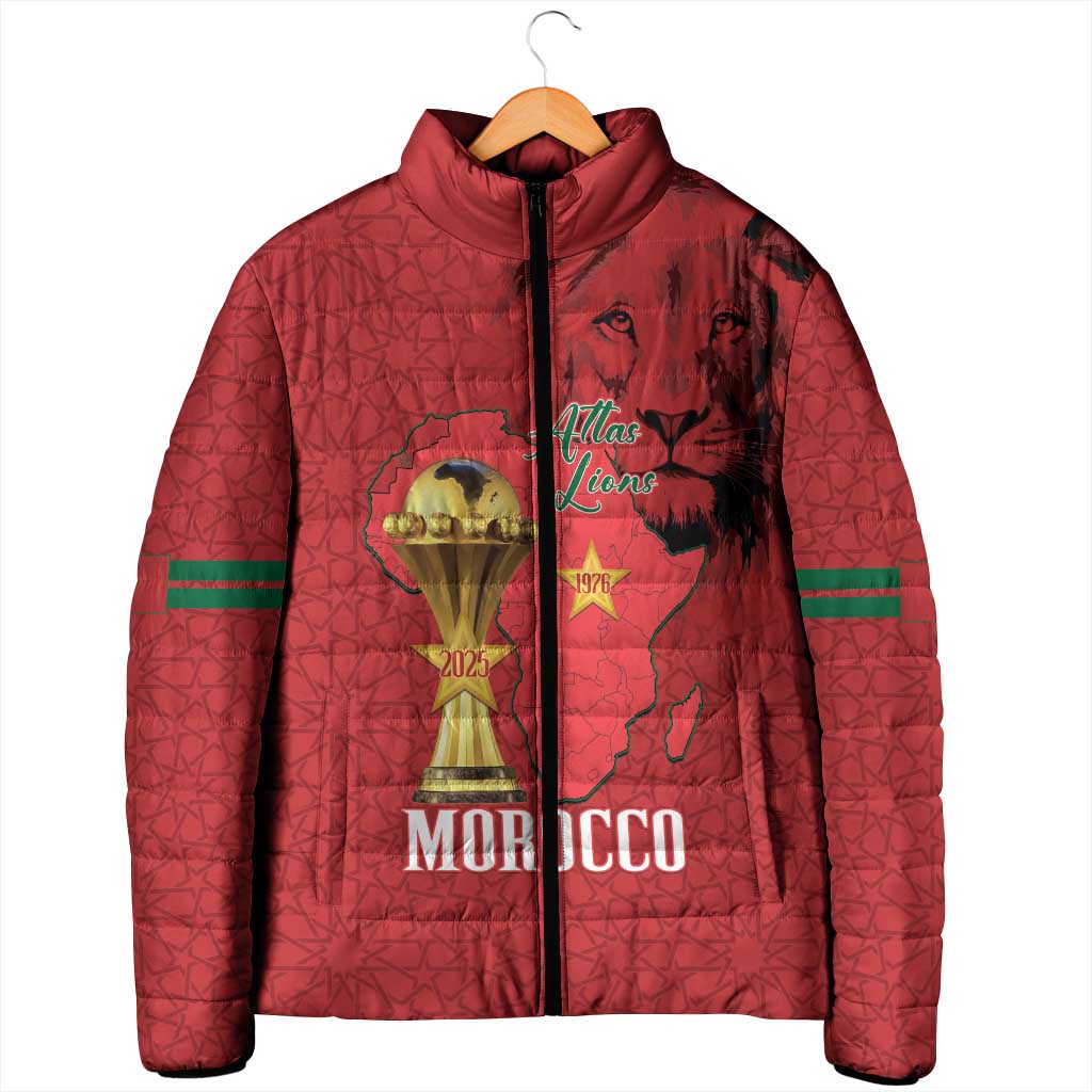 Morocco Football Custom Padded Jacket Atlas Lions Champions African Red Islamic Pattern